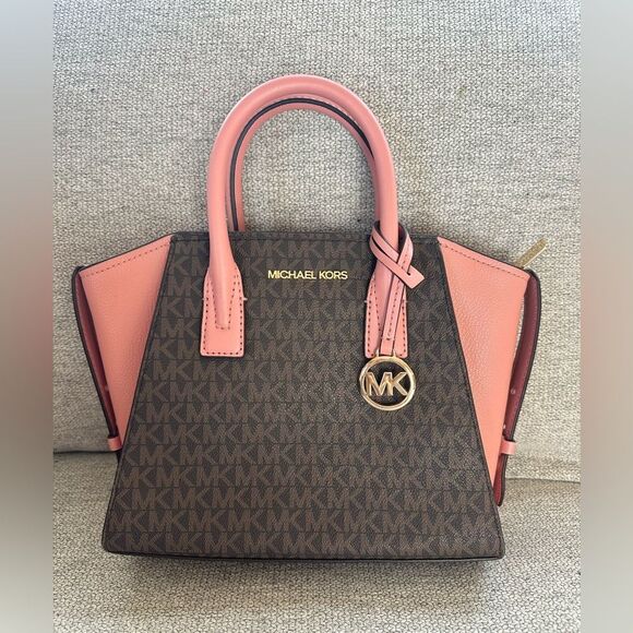 Michael Kors Avril Logo Small Zip Top Satchel Sunset Rose Handbag - Picture 1 of 11